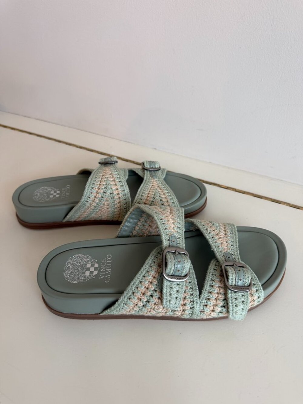 Vince Camuto Kellinar Crochet Buckle Slide Sandals Sage Green 7M NWOT
